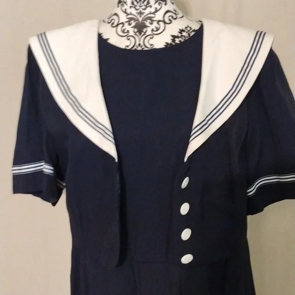 Vintage 80's 90's J.B.S. LTD Navy Blue Sailor Inspired Midi Dress USA Made - Picture 8 of 14